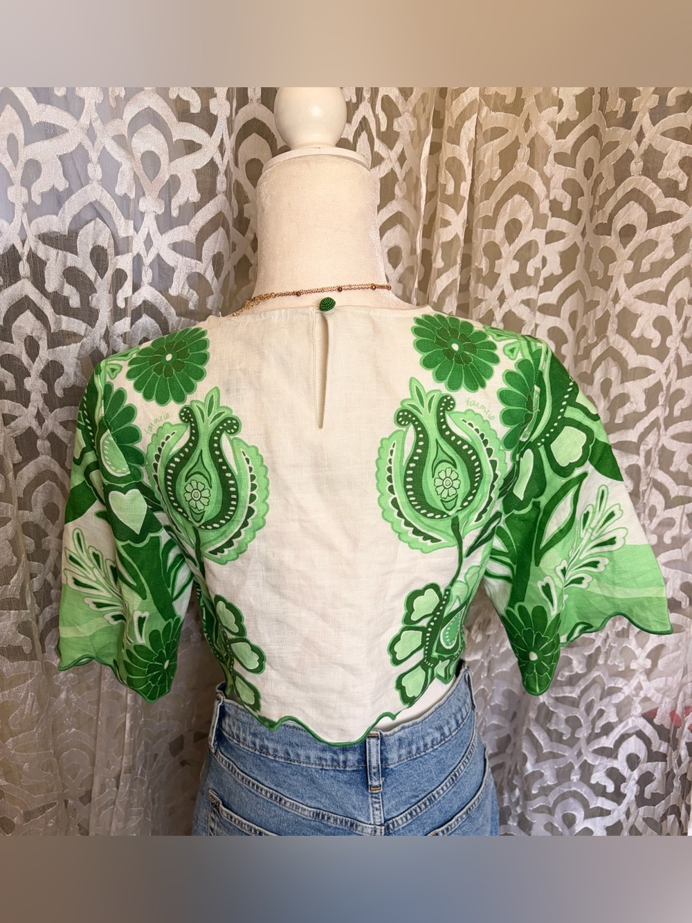 New W/ Tags FARM Rio Green Festival Floral Linen Scalloped Cropped Blouse XS - Picture 9 of 10